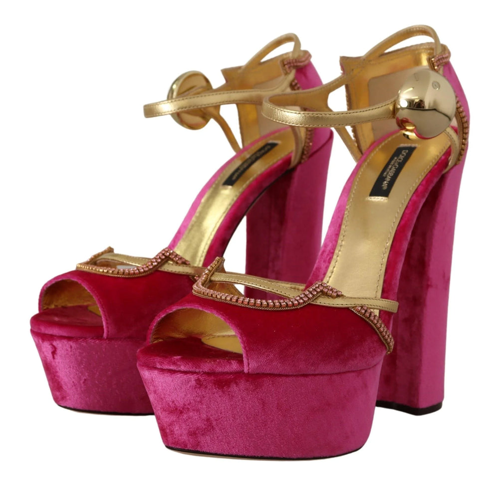 Dolce & Gabbana Pink Velvet Crystal Ankle Strap Sandals Shoes - EU39.5/US9 - Sandals