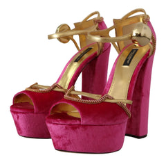 Dolce & Gabbana Pink Velvet Crystal Ankle Strap Sandals Shoes - EU39.5/US9 - Sandals