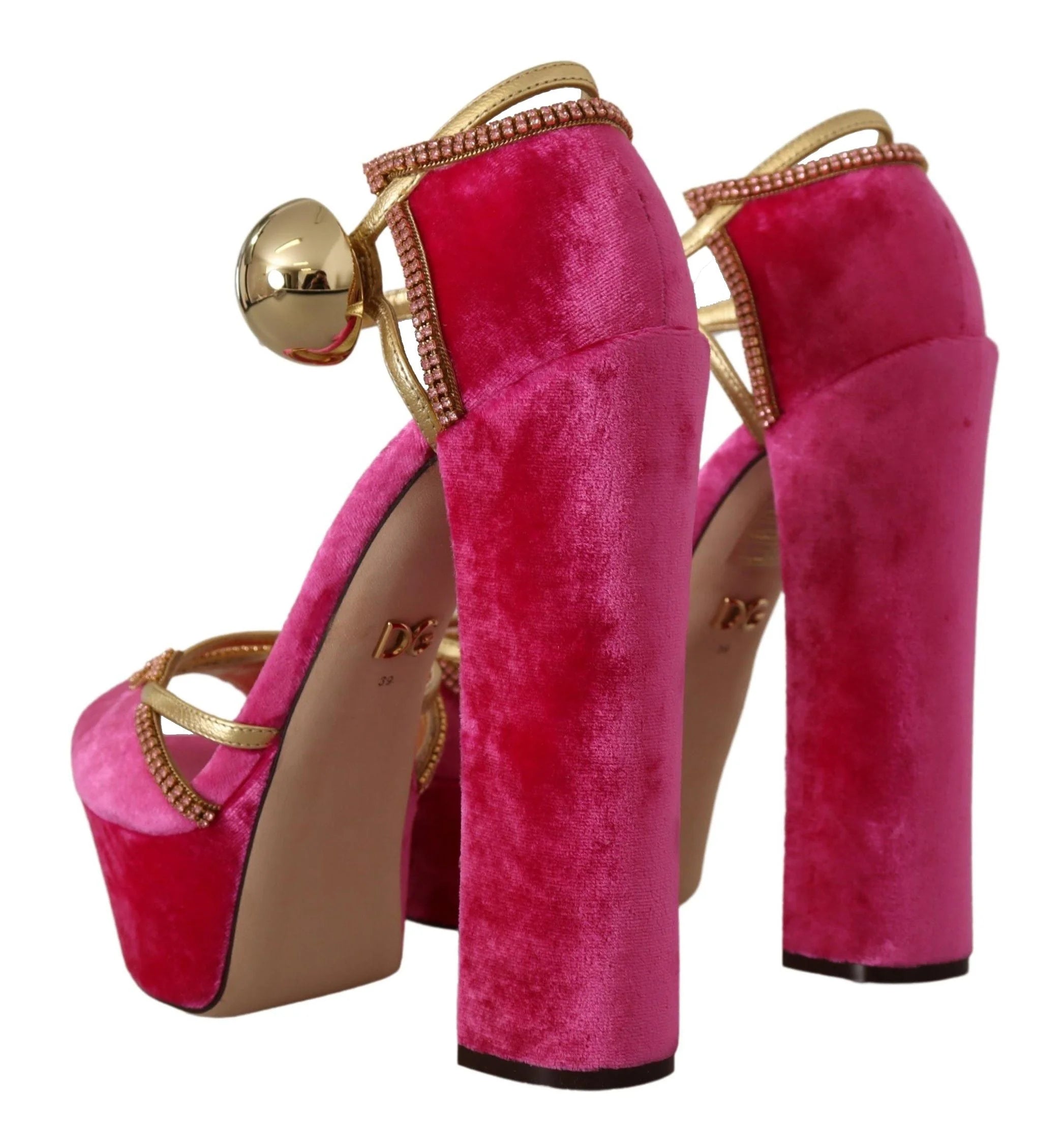Dolce & Gabbana Pink Velvet Crystal Ankle Strap Sandals Shoes - EU39.5/US9 - Sandals