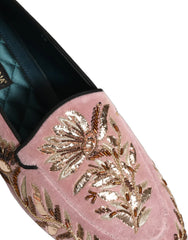 Dolce & Gabbana Pink Velvet Floral Embroidery Loafers Shoes - EU44/US11