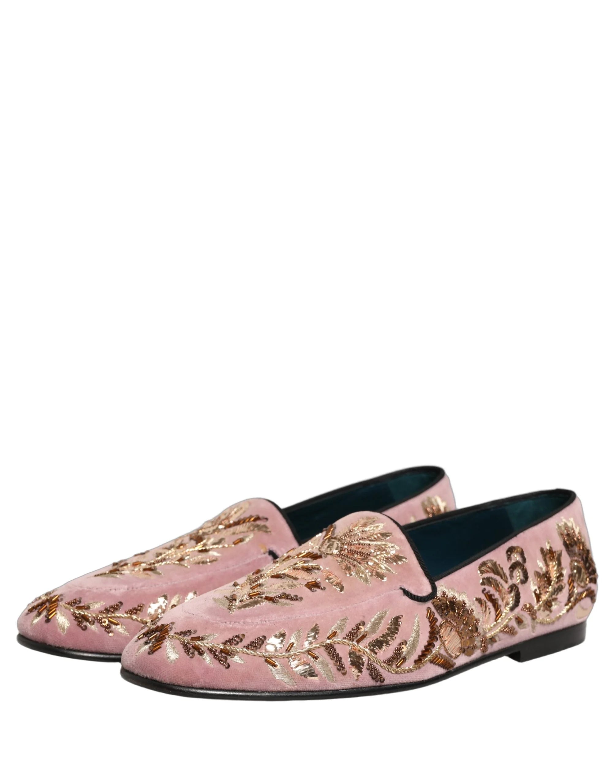 Dolce & Gabbana Pink Velvet Floral Embroidery Loafers Shoes - EU44/US11