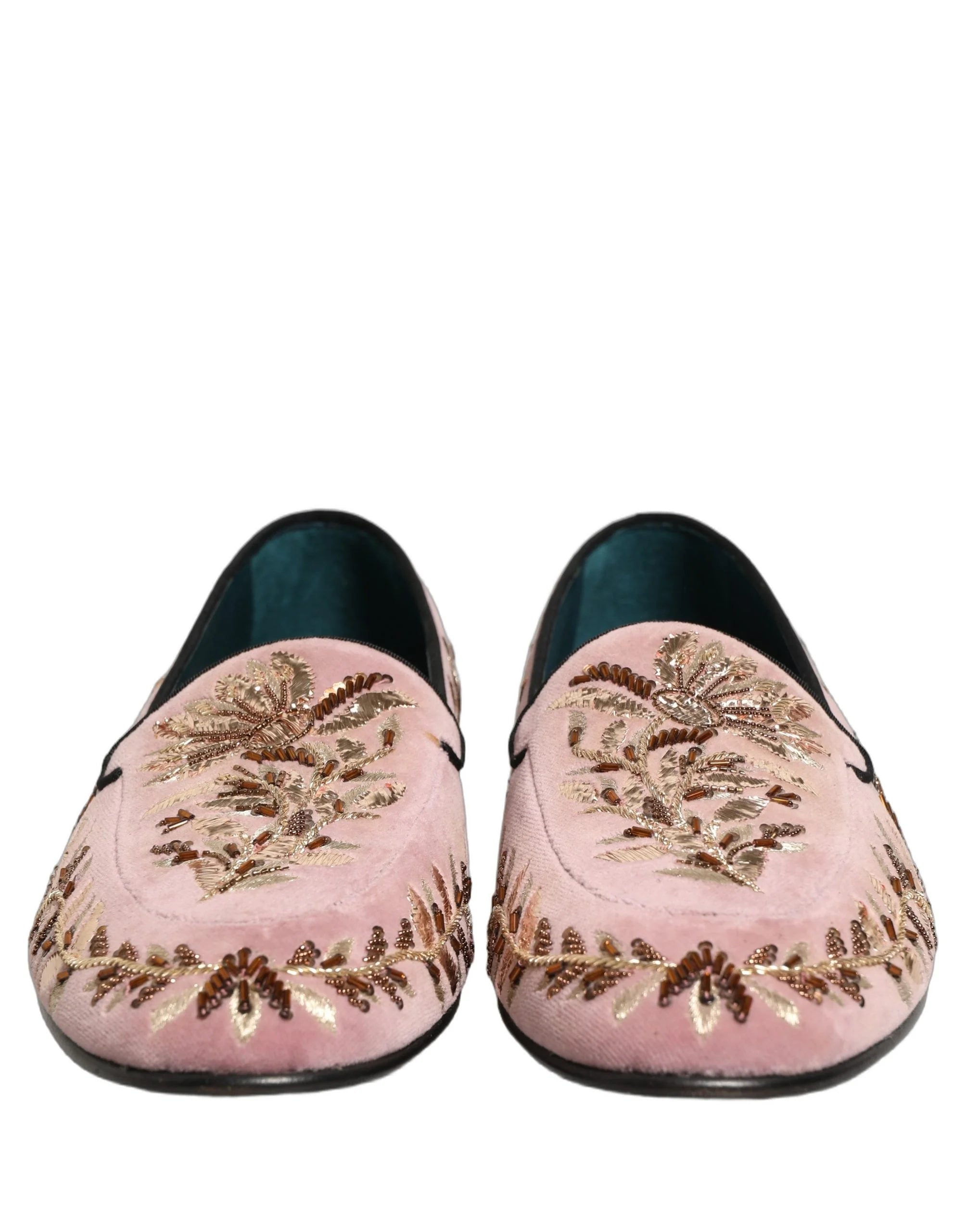 Dolce & Gabbana Pink Velvet Floral Embroidery Loafers Shoes - EU44/US11