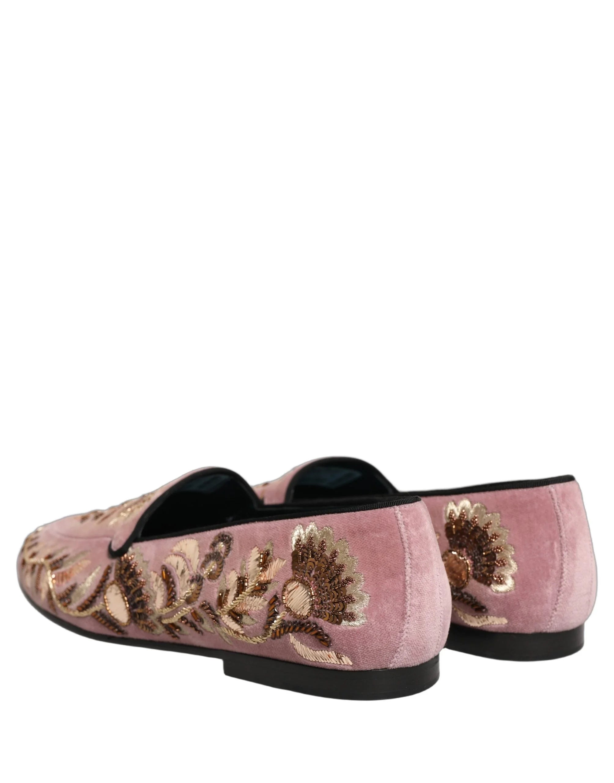 Dolce & Gabbana Pink Velvet Floral Embroidery Loafers Shoes - EU44/US11