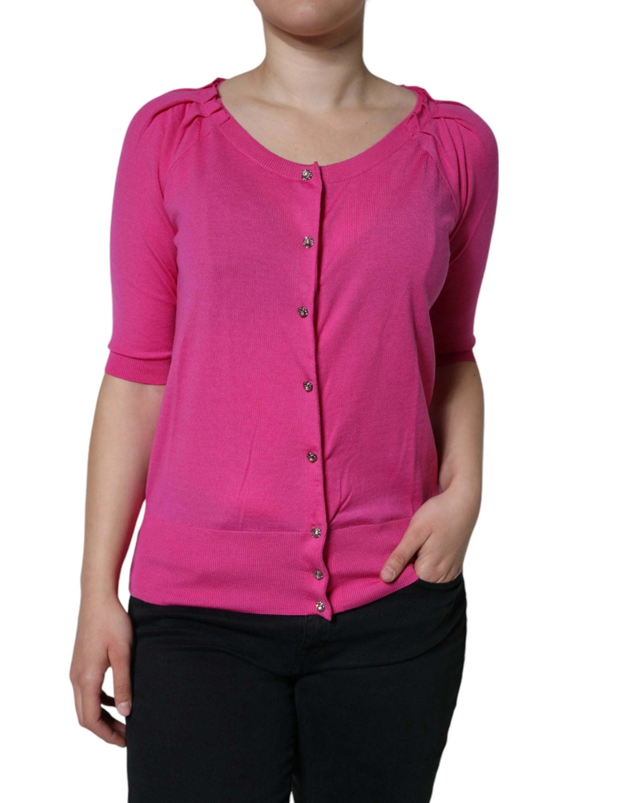 Dolce & Gabbana Pink Wool Button Down Short Sleeve Blouse Top - IT40|S - Blouses
