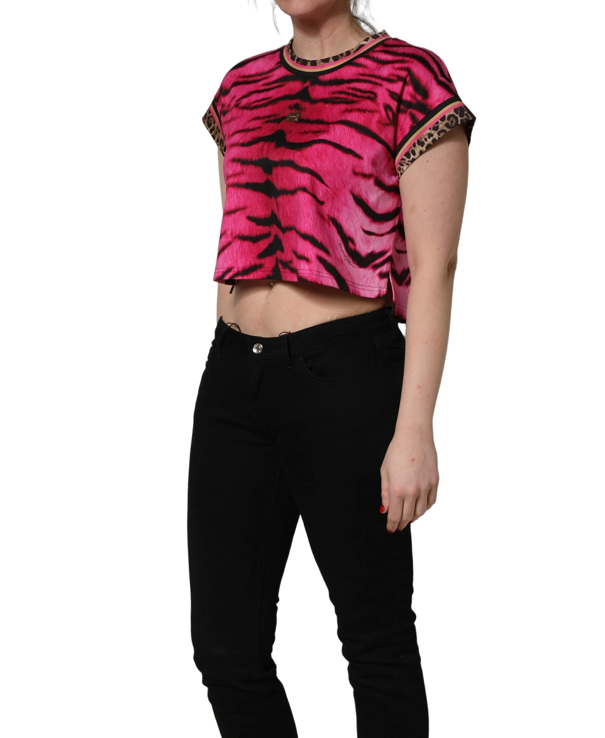 Dolce & Gabbana Pink Zebra Sleeveless Crew Neck Cropped T-shirt - IT36|XXS