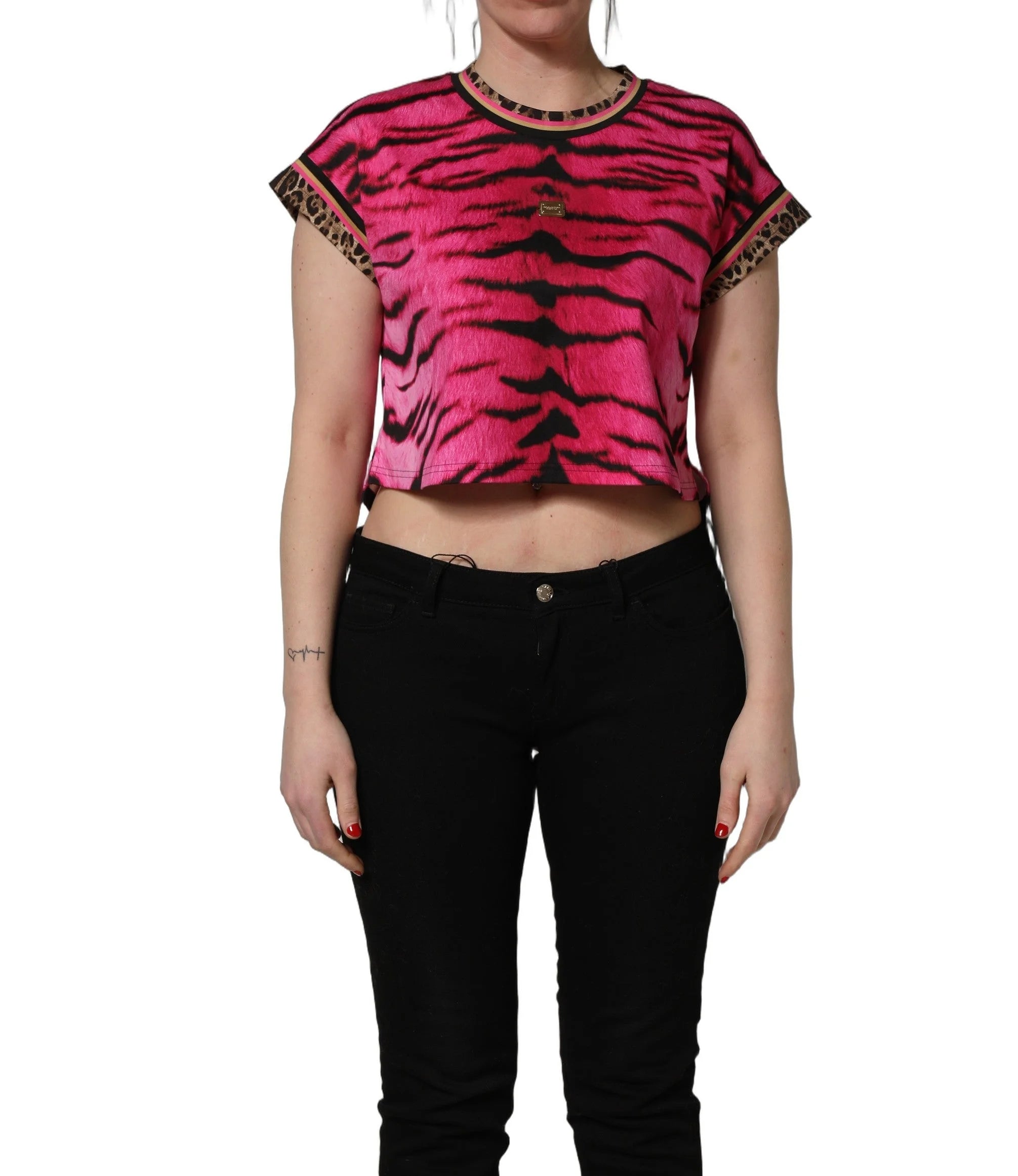 Dolce & Gabbana Pink Zebra Sleeveless Crew Neck Cropped T-shirt - IT36|XXS