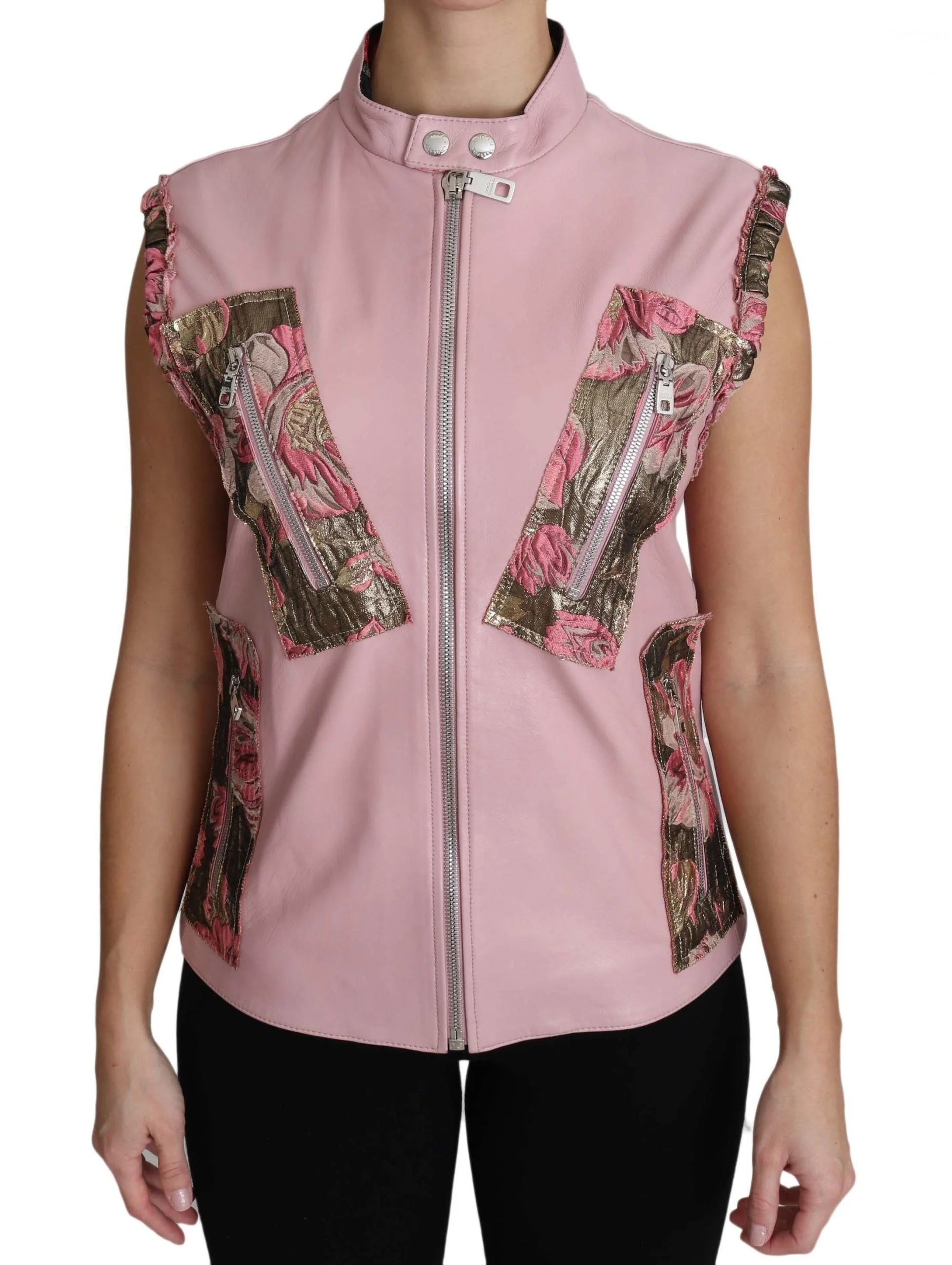 Dolce & Gabbana Pink Zippered Lamb Sleeveless Vest Leather Jacket - IT40|S - Vests