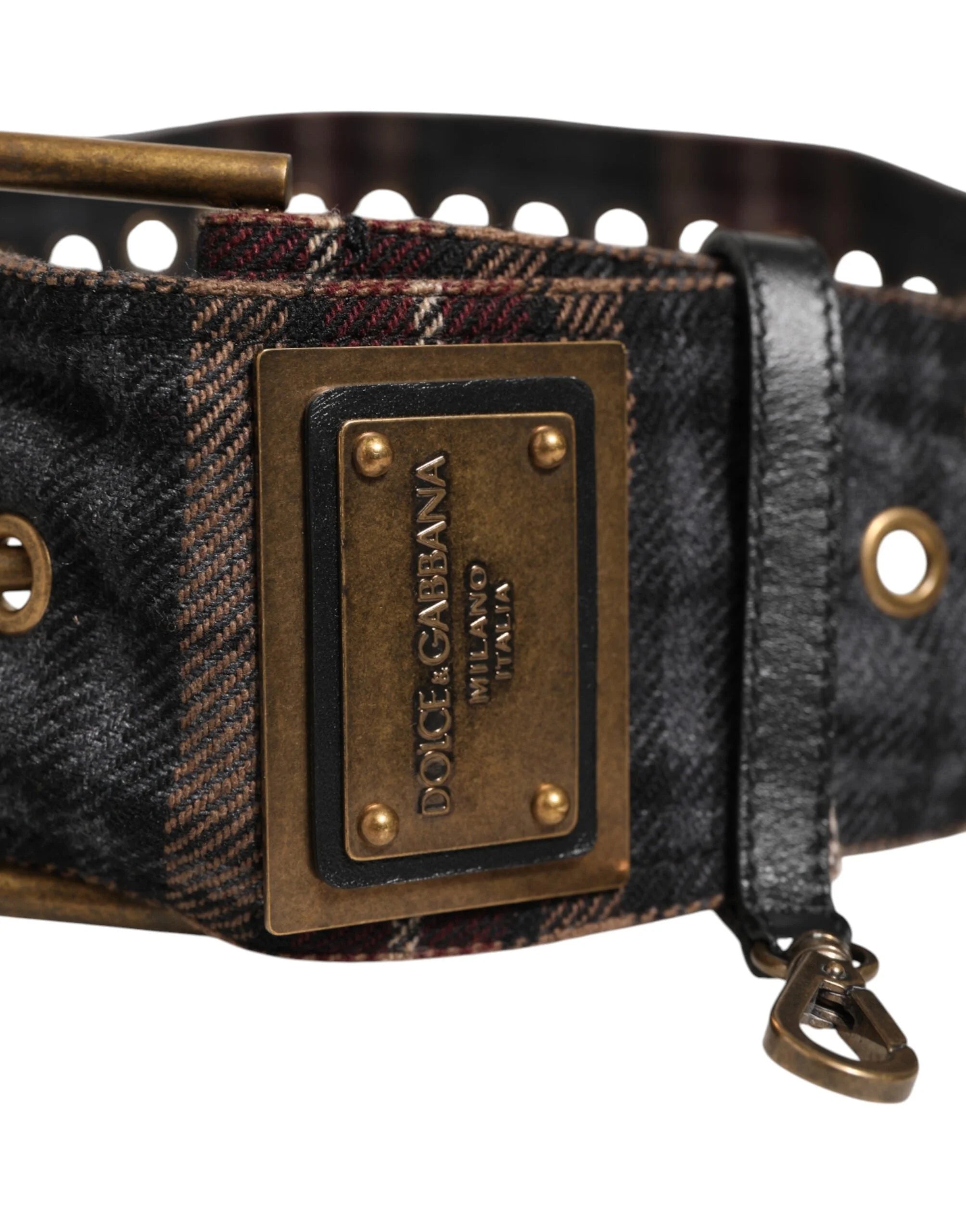 Dolce & Gabbana Plaid Fabric Logo Plate Brass Buckle Belt - 90 cm / 36 Inches