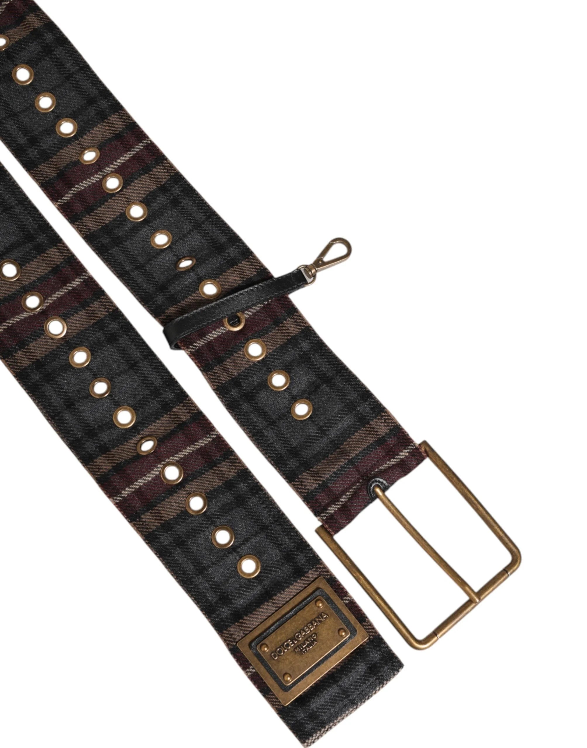 Dolce & Gabbana Plaid Fabric Logo Plate Brass Buckle Belt - 90 cm / 36 Inches - Belts