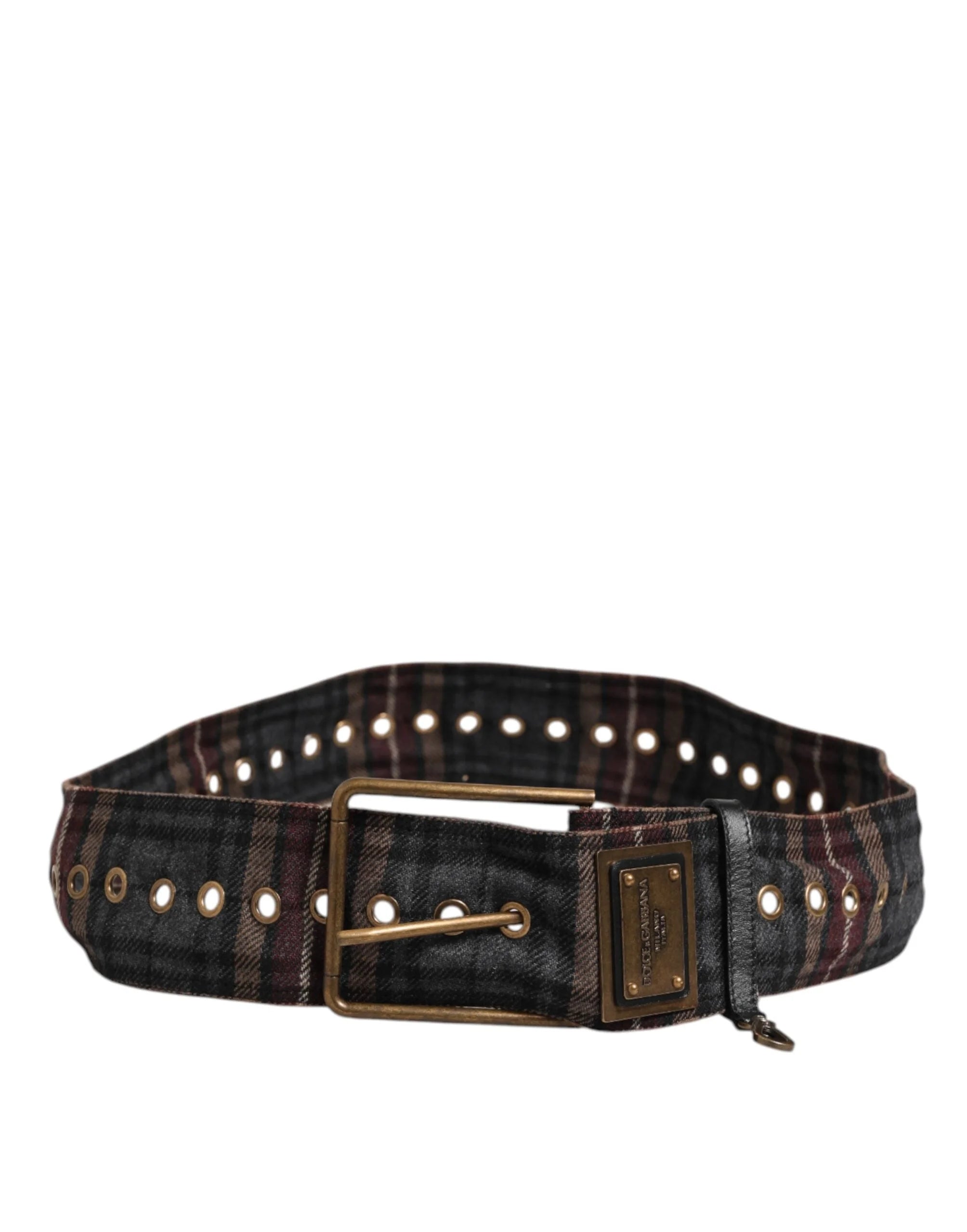 Dolce & Gabbana Plaid Fabric Logo Plate Brass Buckle Belt - 90 cm / 36 Inches - Belts