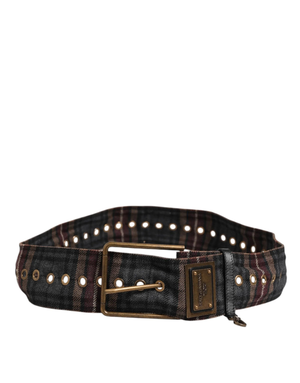 Dolce & Gabbana Plaid Fabric Logo Plate Brass Buckle Belt - 90 cm / 36 Inches - Belts