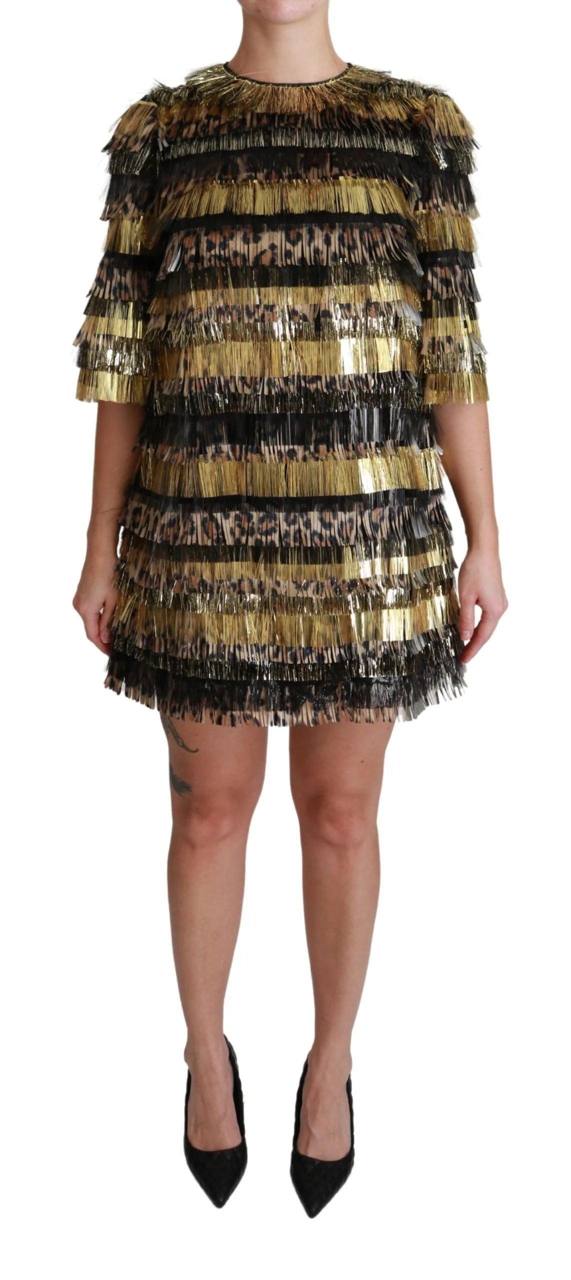 Dolce & Gabbana Polyester Black Gold Leopard Shift Mini Dress - IT40|S - Dresses
