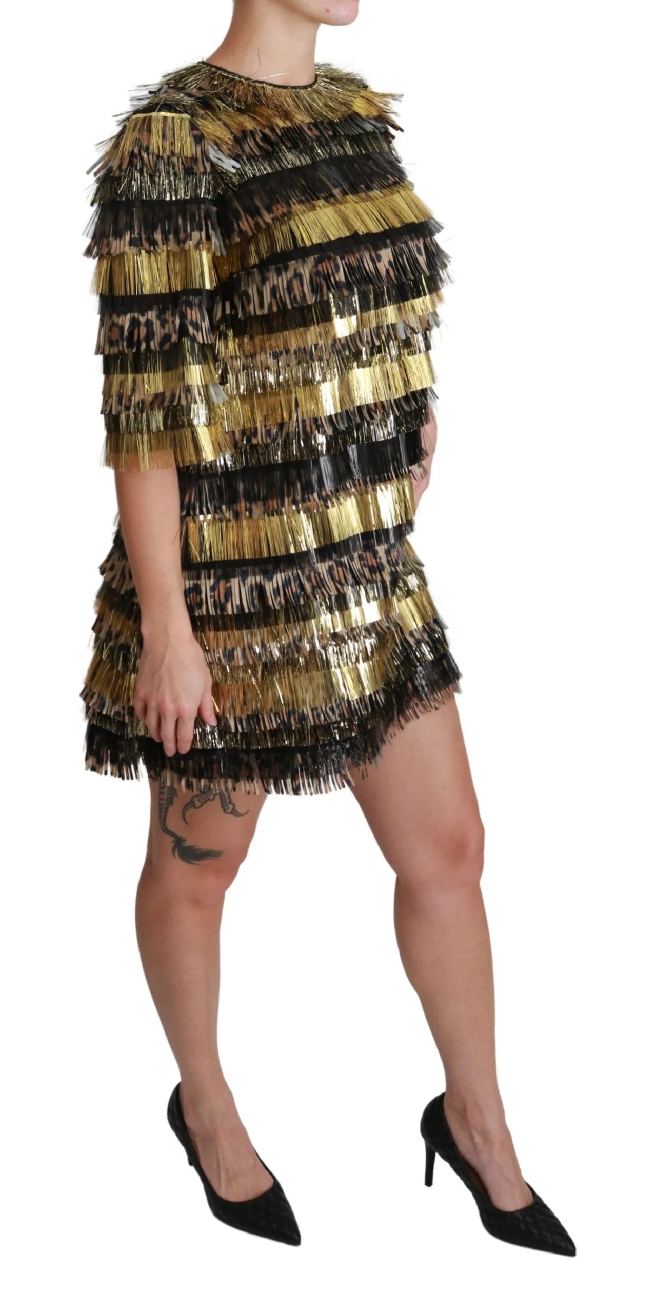 Dolce & Gabbana Polyester Black Gold Leopard Shift Mini Dress - IT40|S - Dresses
