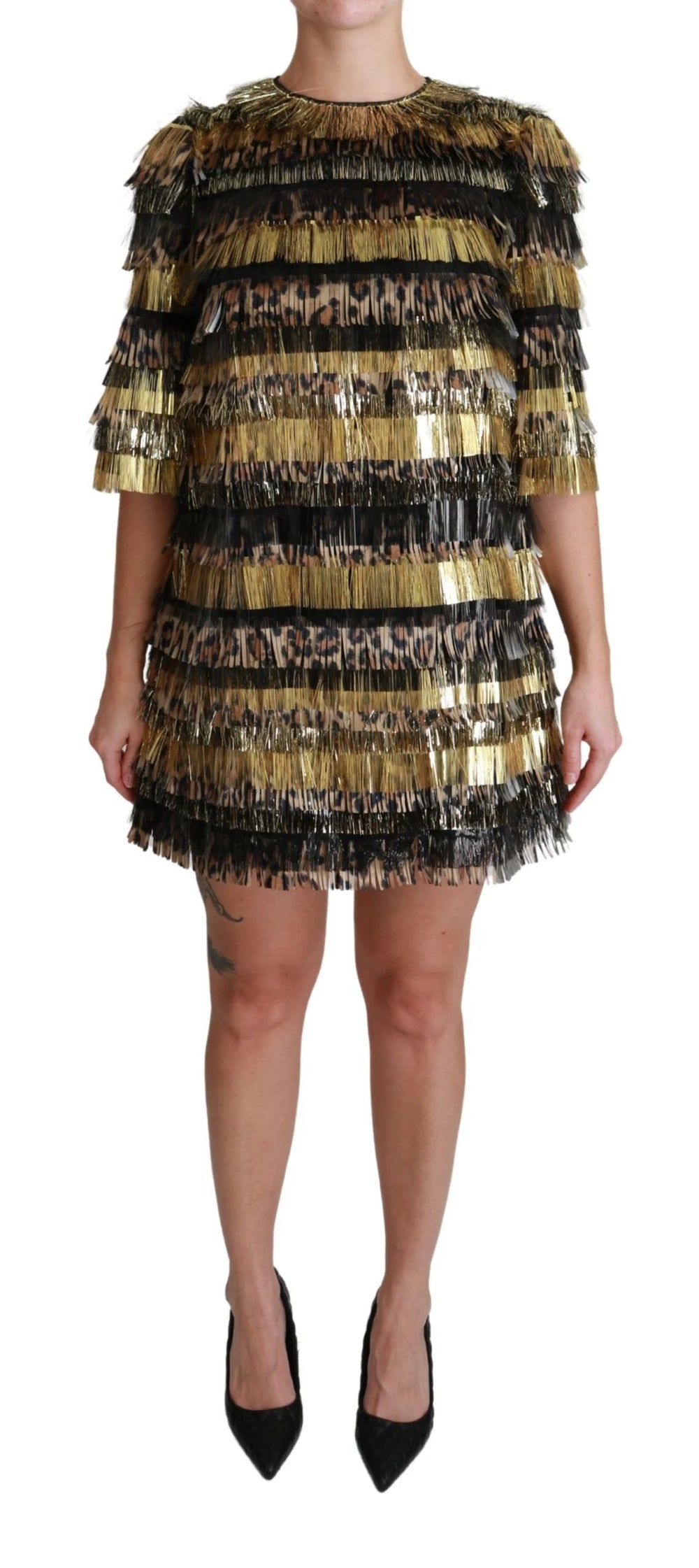 Dolce & Gabbana Polyester Black Gold Leopard Shift Mini Dress - IT40|S - Dresses