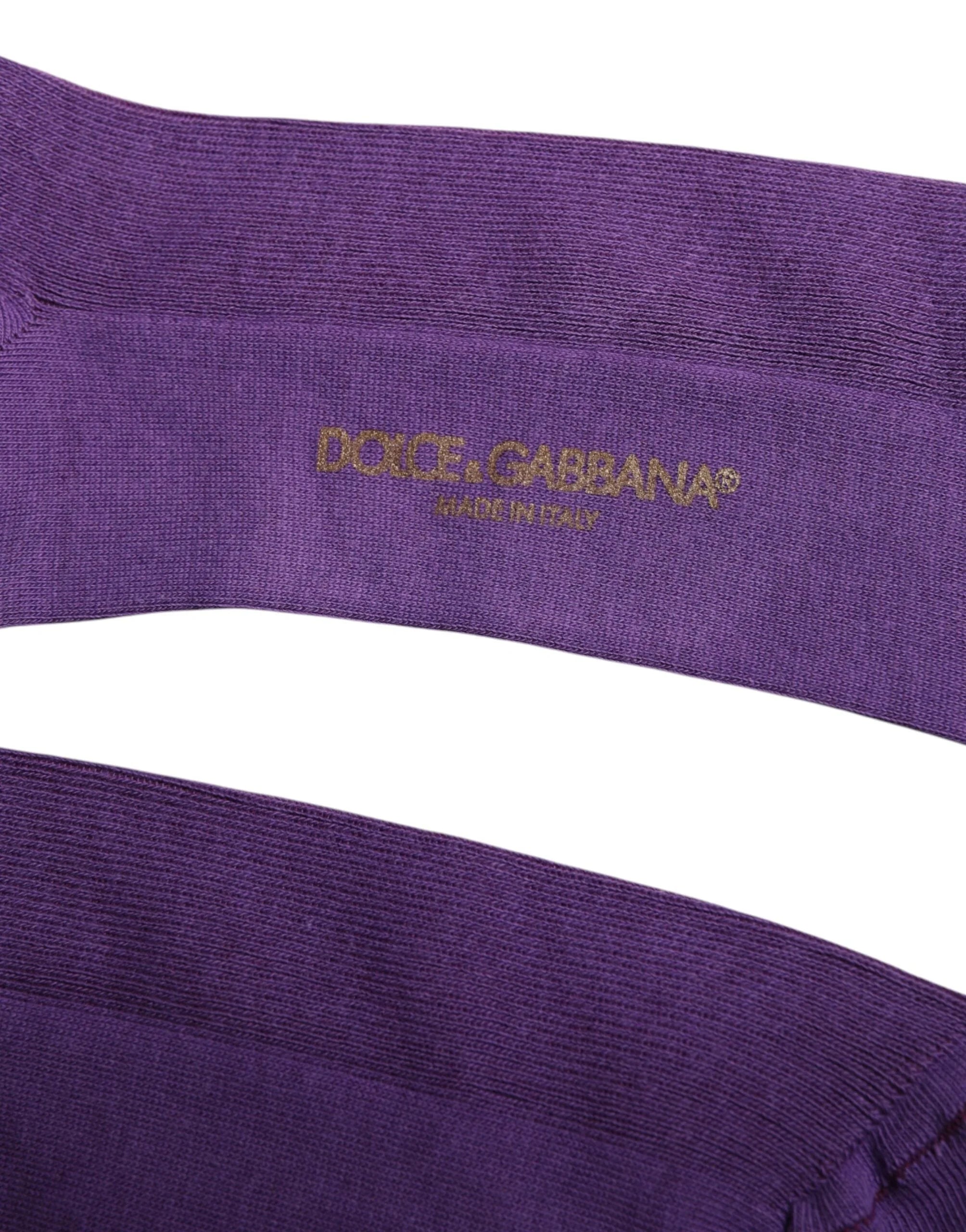 Dolce & Gabbana Purple Cotton Logo Over The Calf Socks - L - Crew Socks