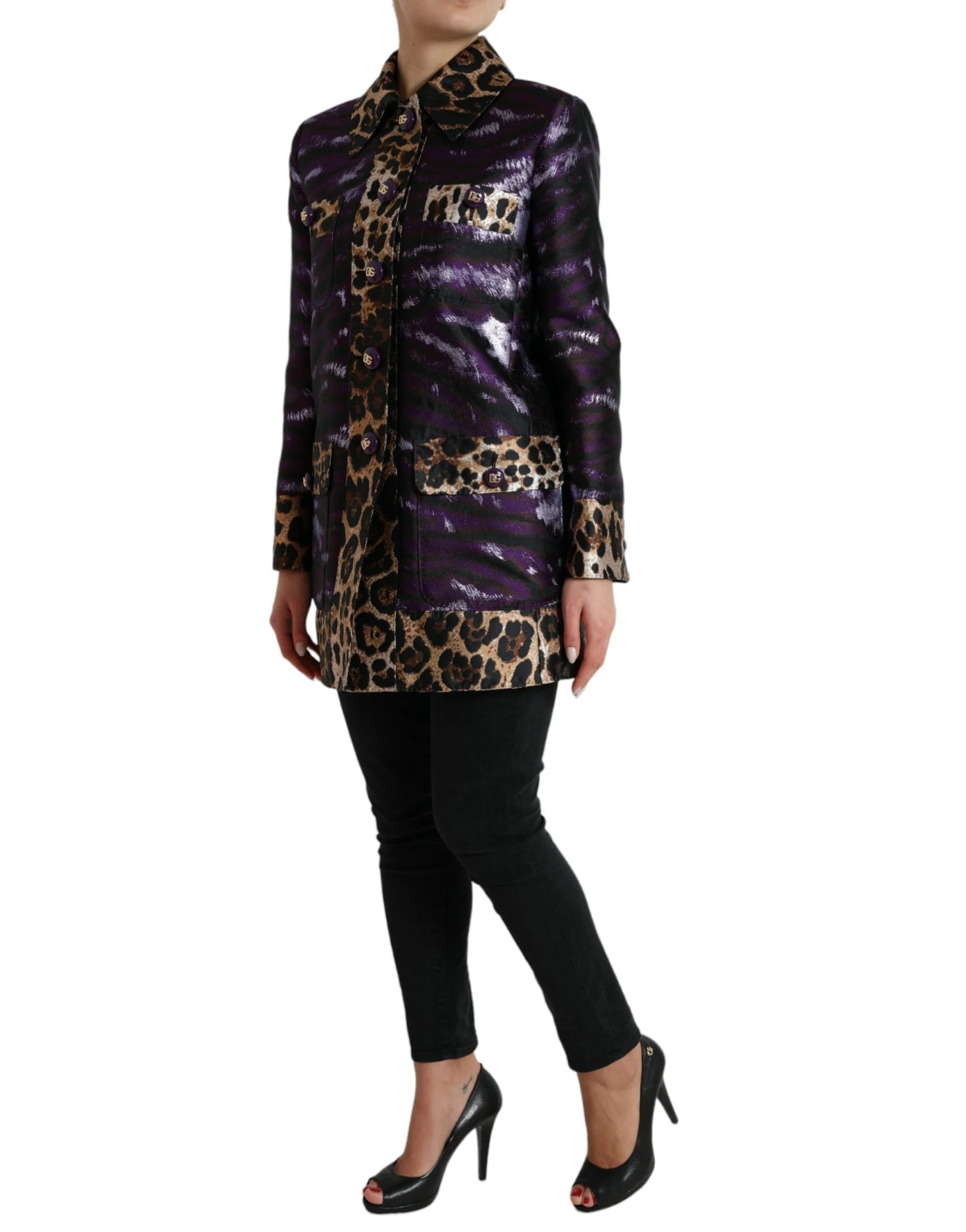Dolce & Gabbana Purple Lamé Jacquard Tiger Print Coat Jacket - IT36 | XS - Trench Coats