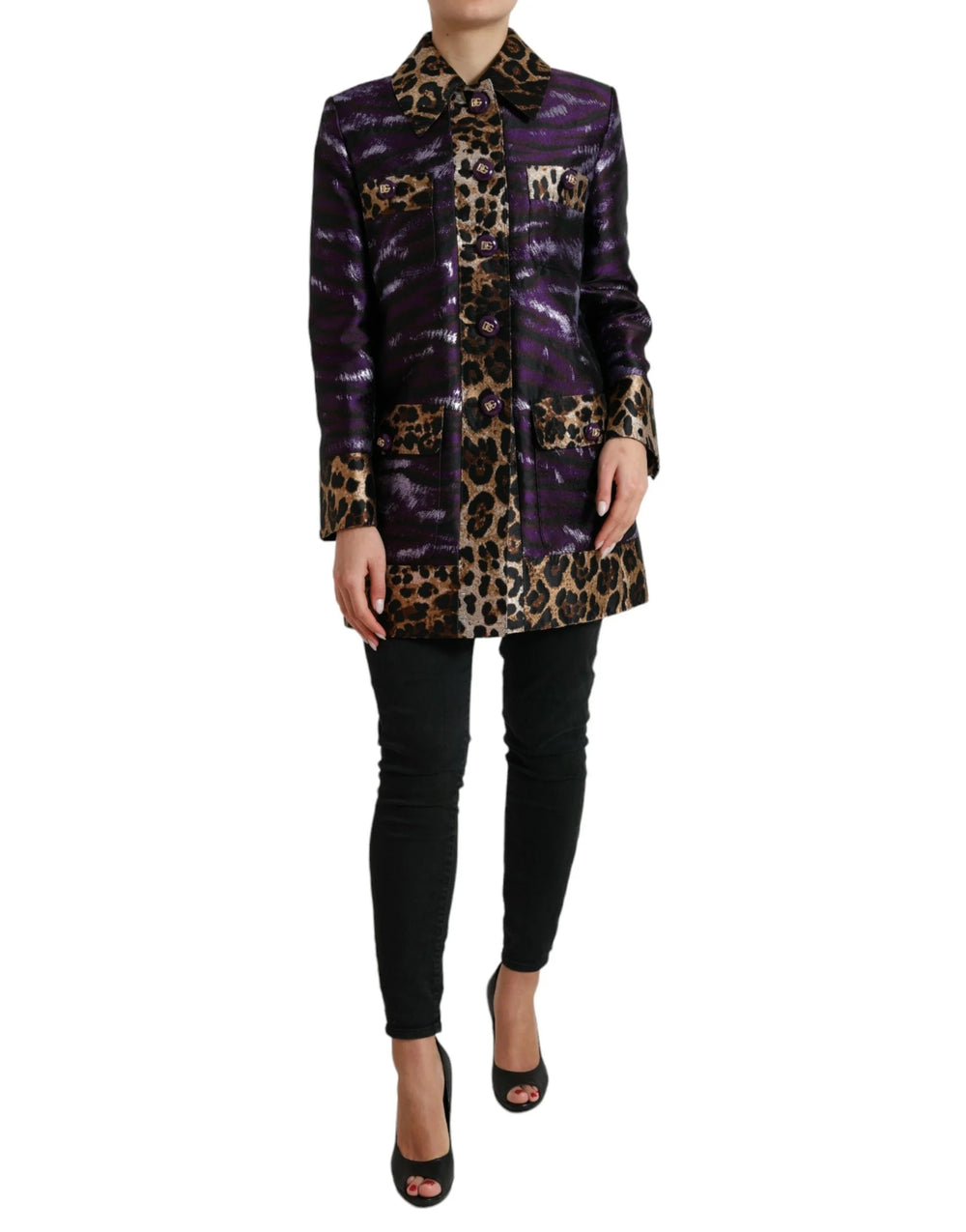 Dolce & Gabbana Purple Lamé Jacquard Tiger Print Coat Jacket - IT36 | XS - Trench Coats