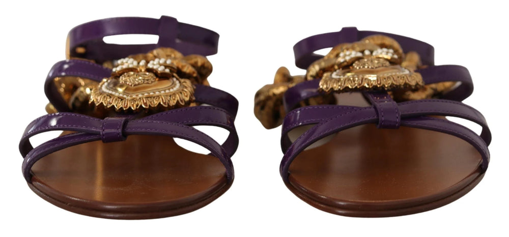 Dolce & Gabbana Purple Leather Devotion Flats Sandals Shoes - Sandals