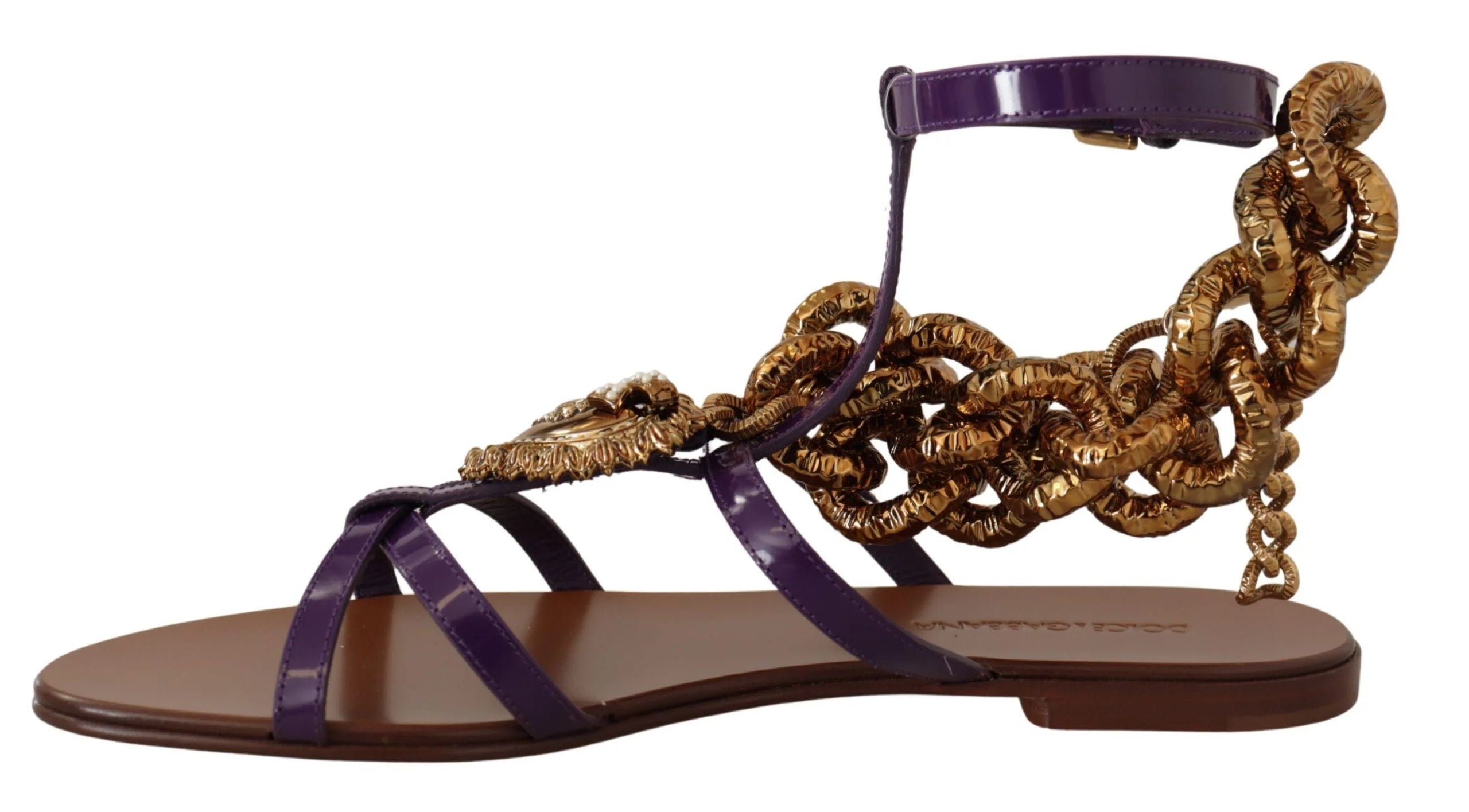 Dolce & Gabbana Purple Leather Devotion Flats Sandals Shoes - Sandals