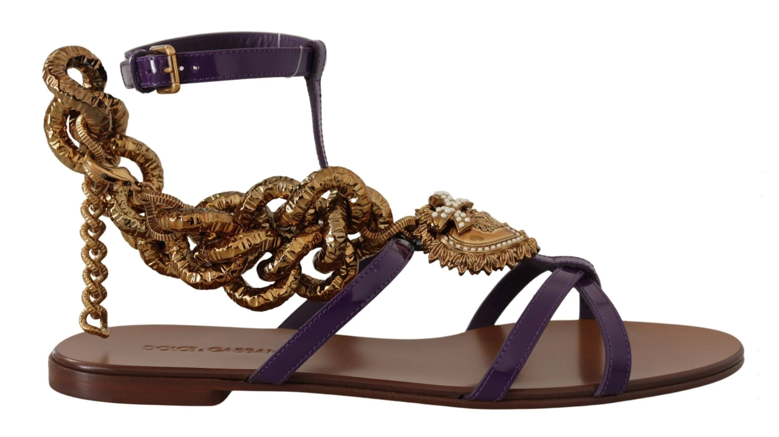 Dolce & Gabbana Purple Leather Devotion Flats Sandals Shoes - Sandals