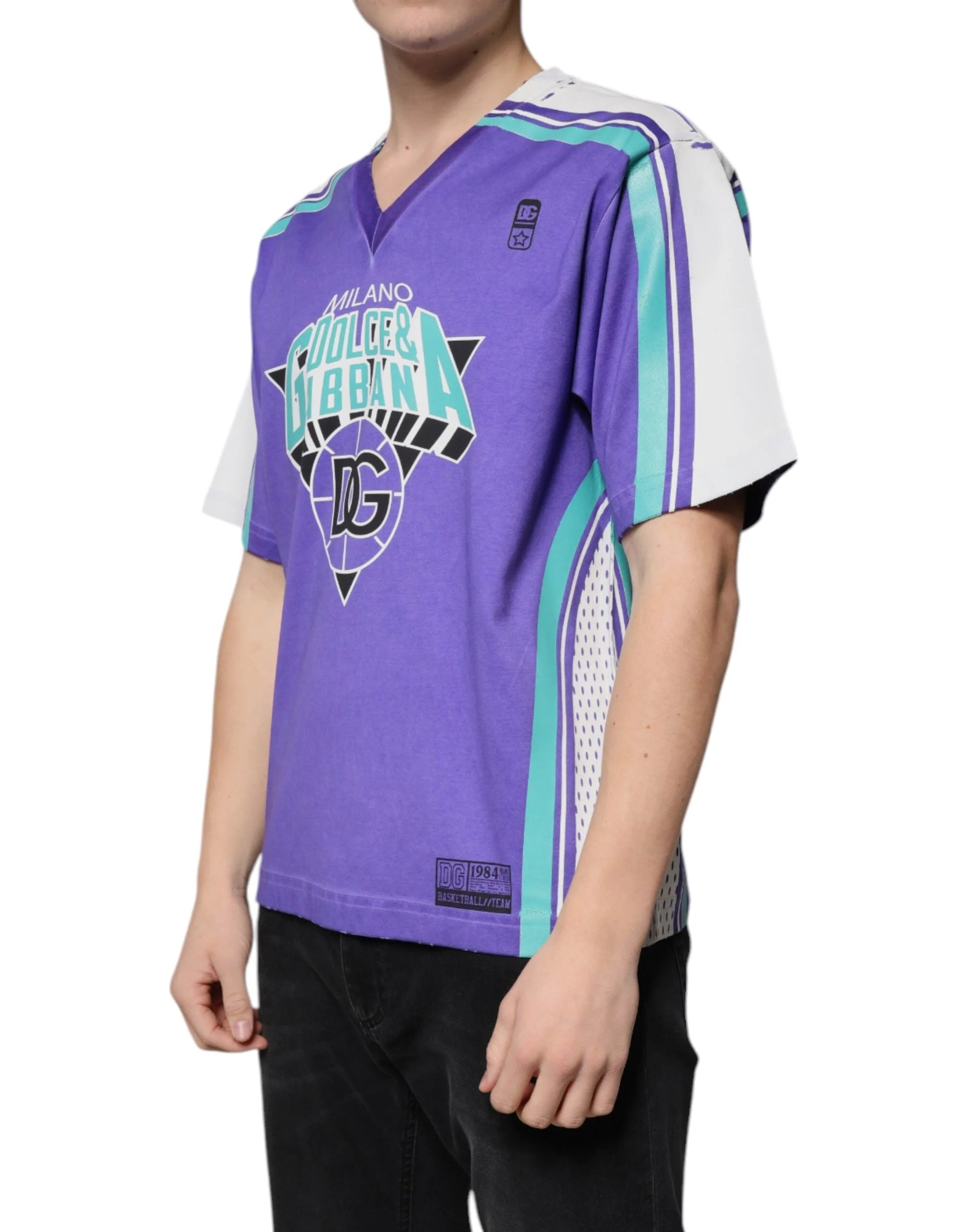 Dolce & Gabbana Purple Logo Jersey Cotton V-neck T-shirt - ÌT40| XXS - T-Shirts