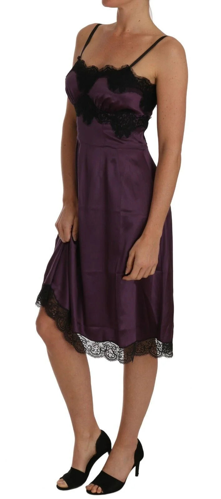 Dolce & Gabbana Purple Silk Stretch Black Lace A-Line Dress - IT40|S - Dresses