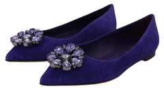 Draufsicht auf Dolce & Gabbana violette Suedballerinas mit funkelnden Kristallakzenten über dem Spann und Lederinnensohlen.