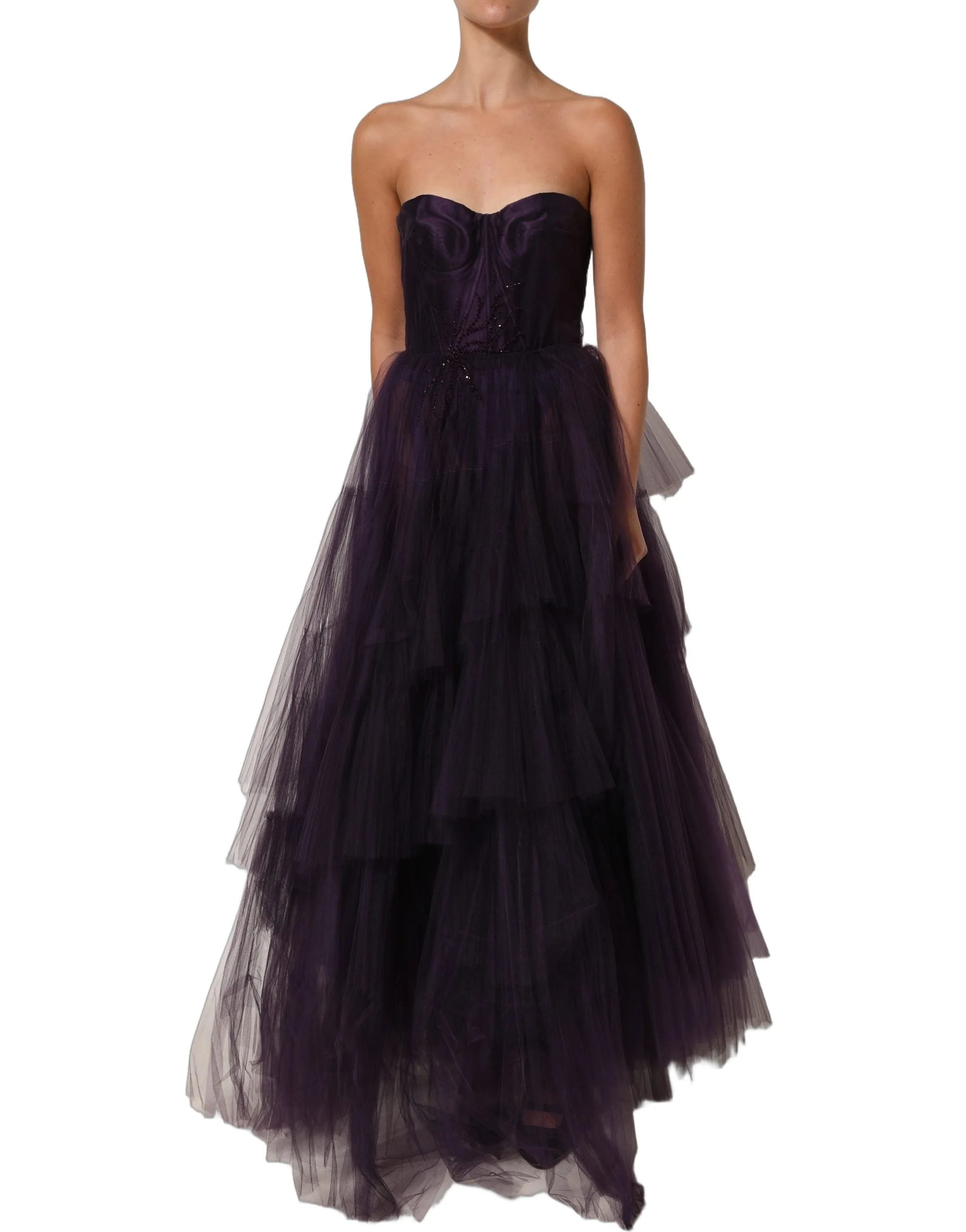 Dolce & Gabbana Purple Tiered Tulle Silk Long Gown Dress - IT38 | XS