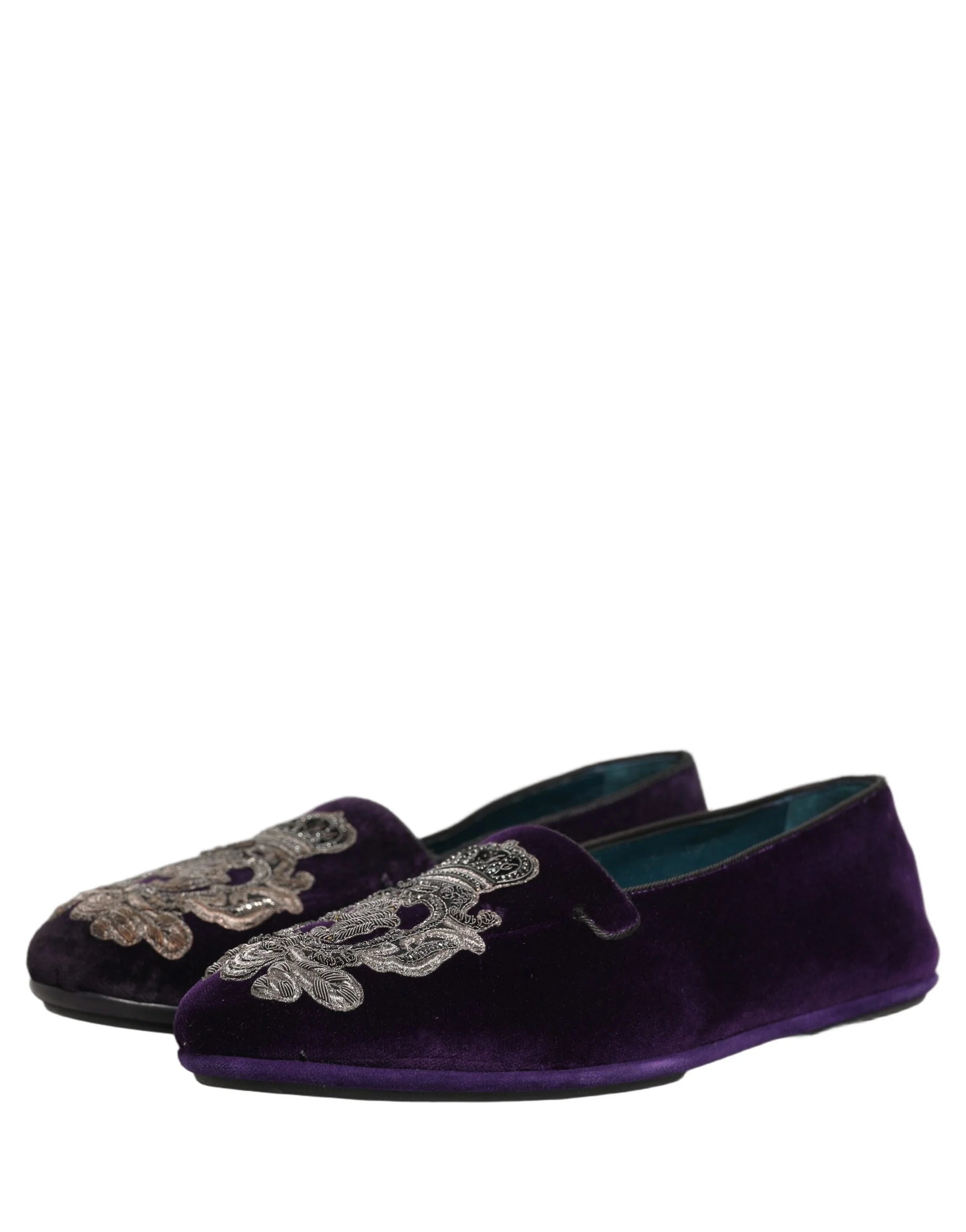 Dolce & Gabbana Zapatos mocasines morados de terciopelo con bordado de corona - EU43/US10