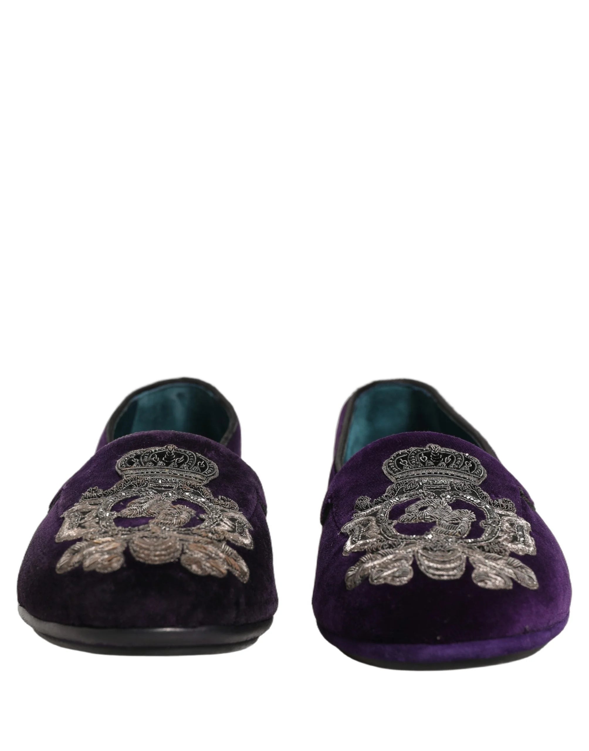 Dolce & Gabbana Zapatos mocasines morados de terciopelo con bordado de corona - EU43/US10