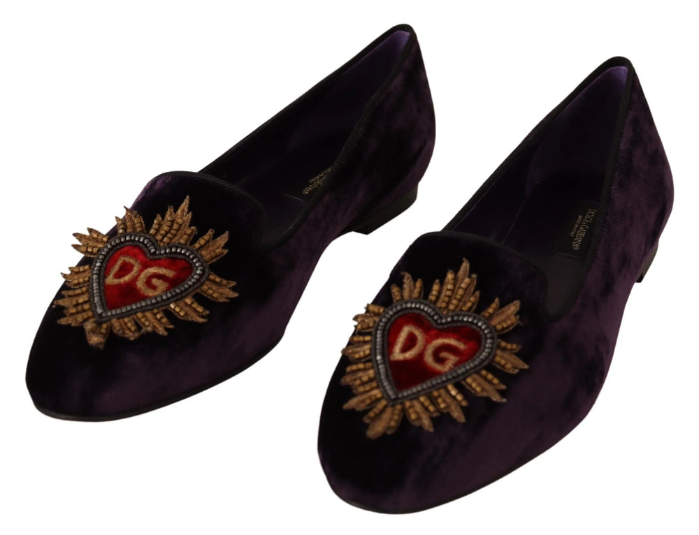 Dolce & Gabbana Purple Velvet DG Heart Loafers Flats Shoes - Flats