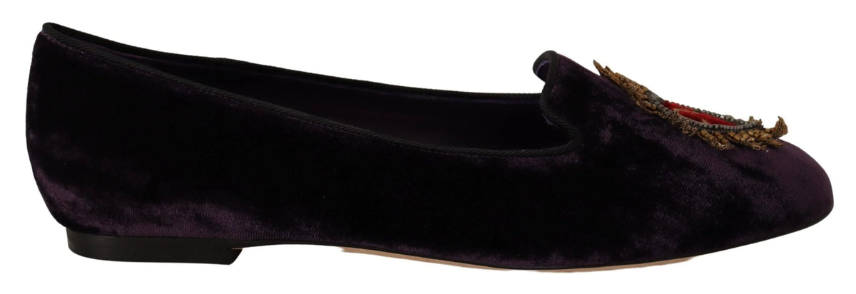 Dolce & Gabbana Purple Velvet DG Heart Loafers Flats Shoes - Flats