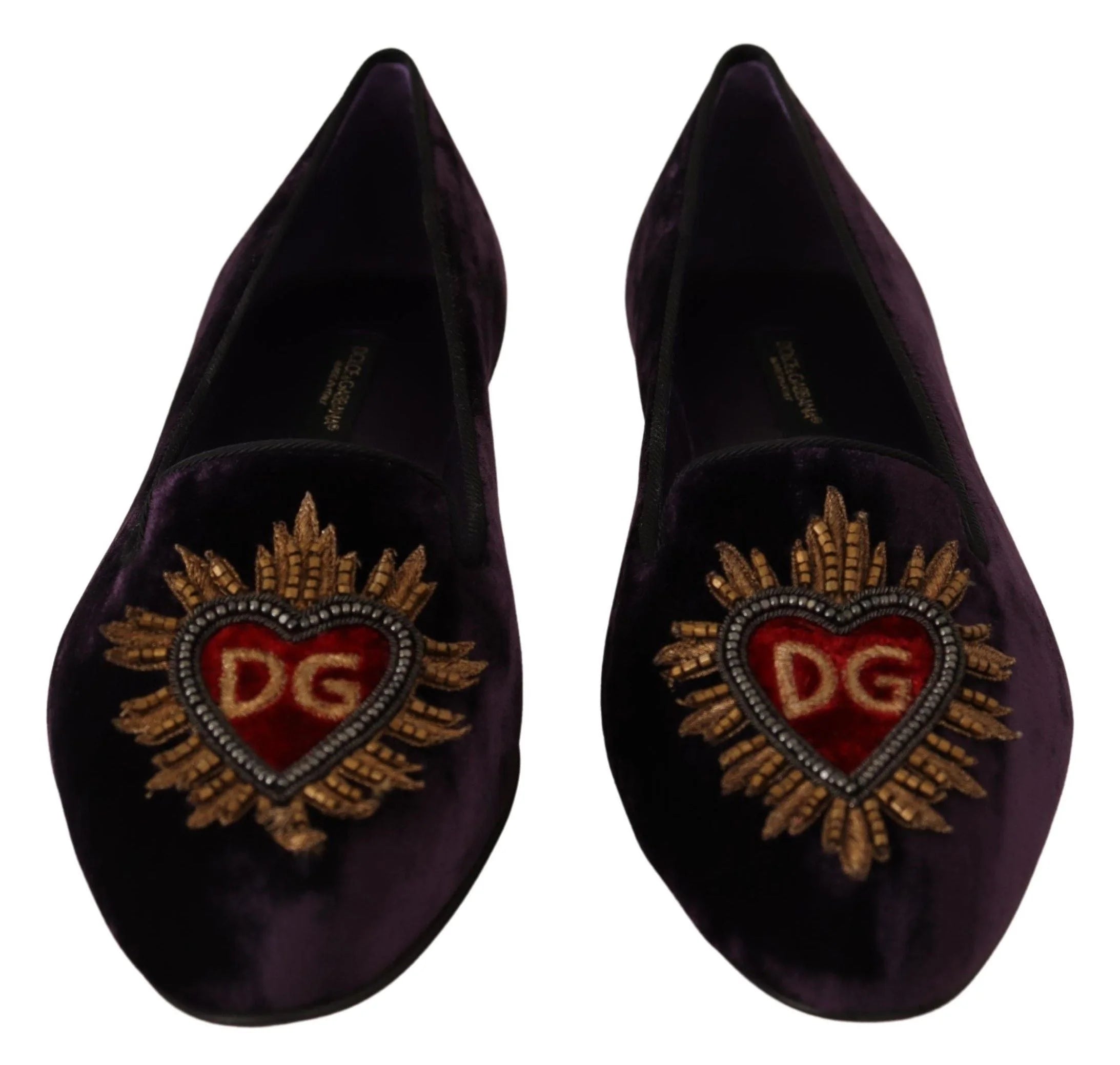 Dolce & Gabbana Purple Velvet DG Heart Loafers Flats Shoes - Flats