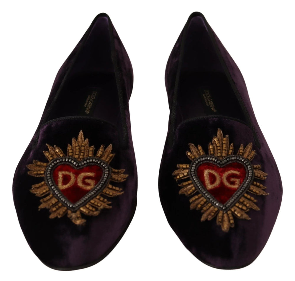 Dolce & Gabbana Purple Velvet DG Heart Loafers Flats Shoes - Flats
