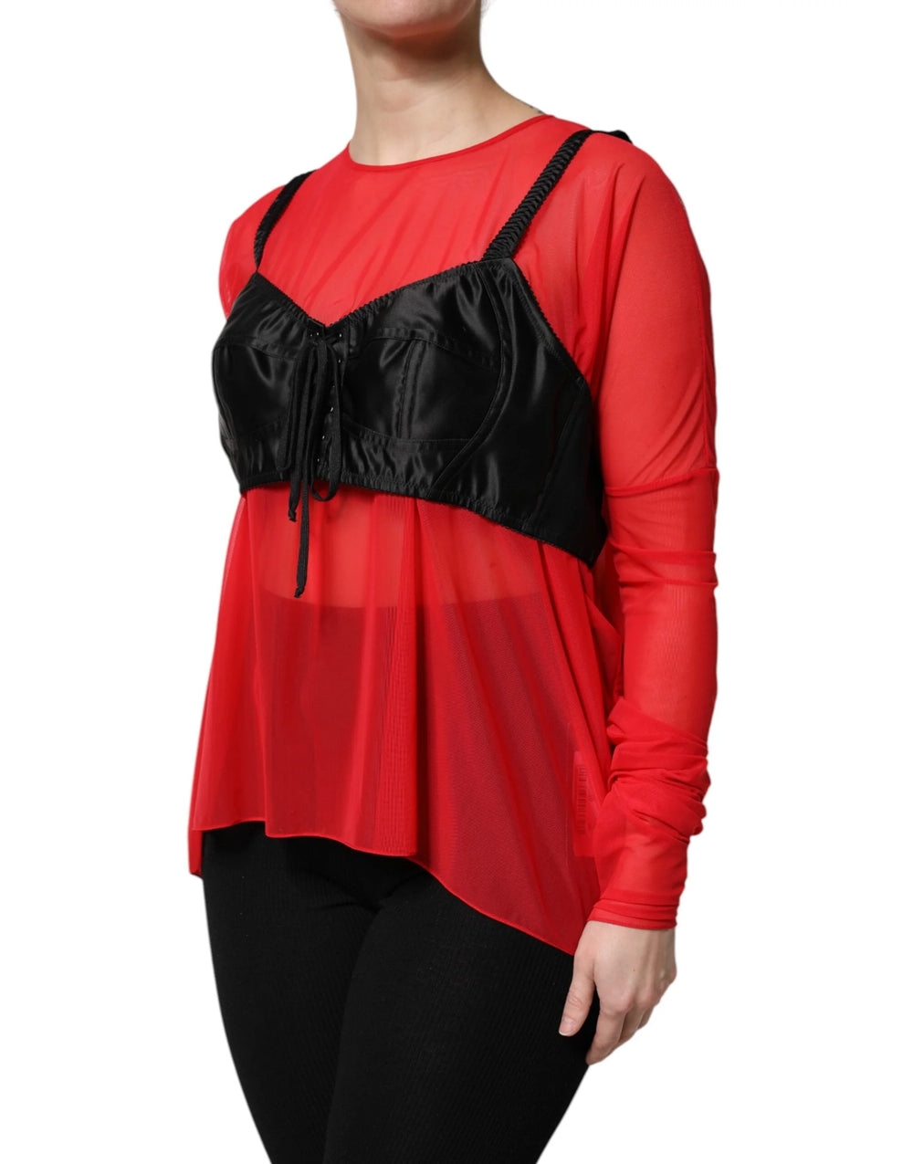 Dolce & Gabbana Red Black Bustier Detailing Long Sleeves Top - IT40|S - Blouses