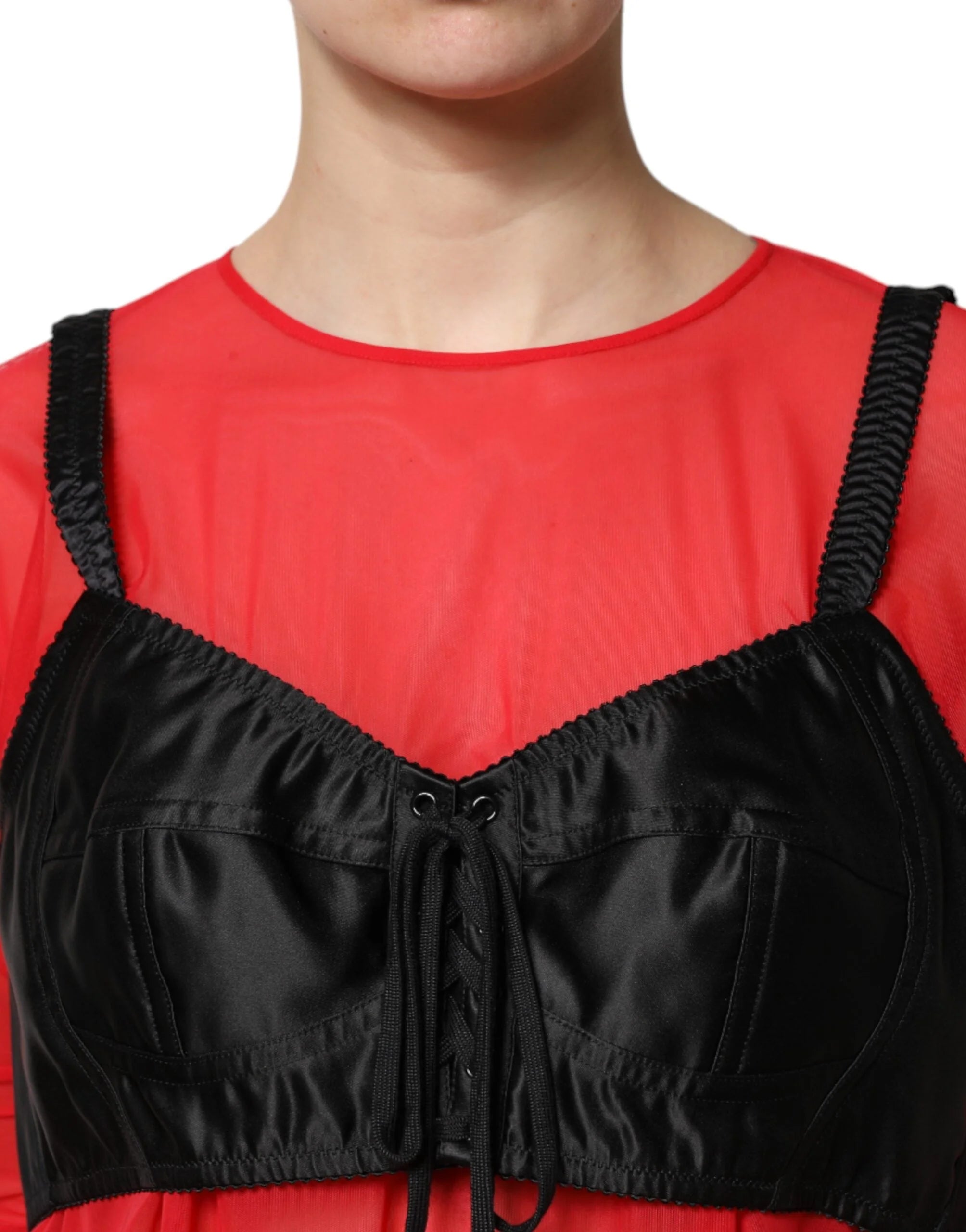 Dolce & Gabbana Red Black Bustier Detailing Long Sleeves Top - IT40|S