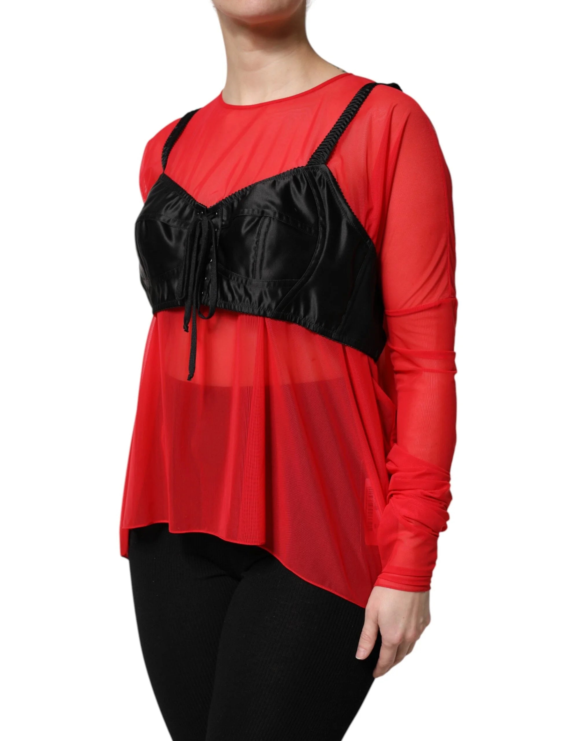 Dolce & Gabbana Red Black Bustier Detailing Long Sleeves Top - IT40|S