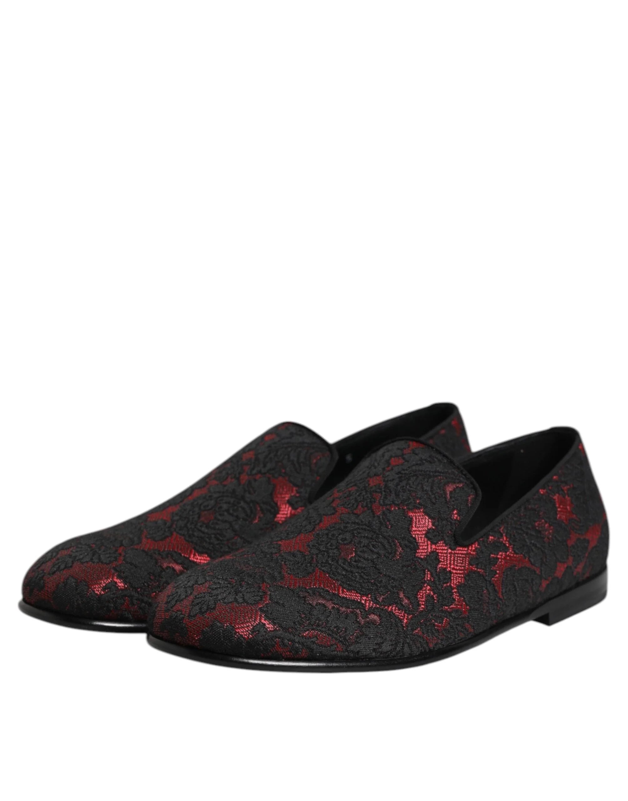 Dolce & Gabbana Red Black Jacquard Slip On Loafers Shoes - Flats