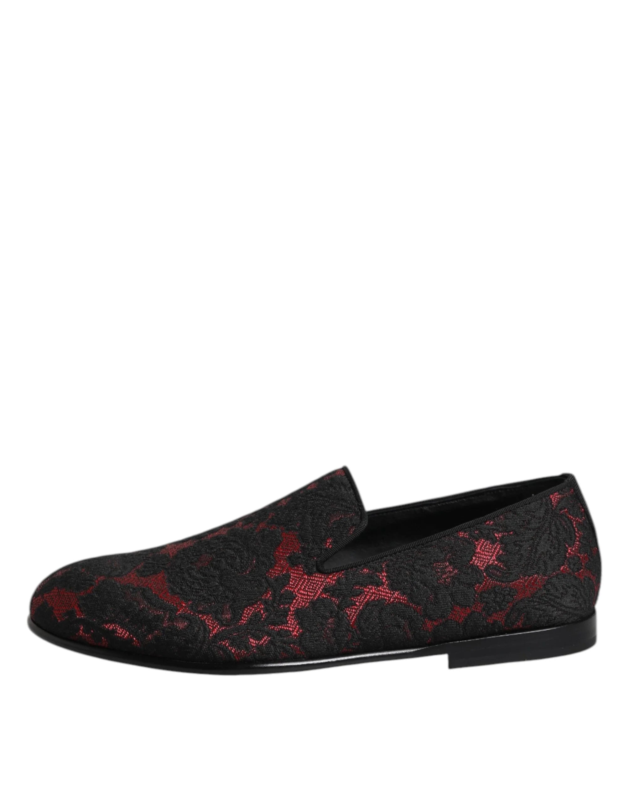 Dolce & Gabbana Red Black Jacquard Slip On Loafers Shoes - Flats