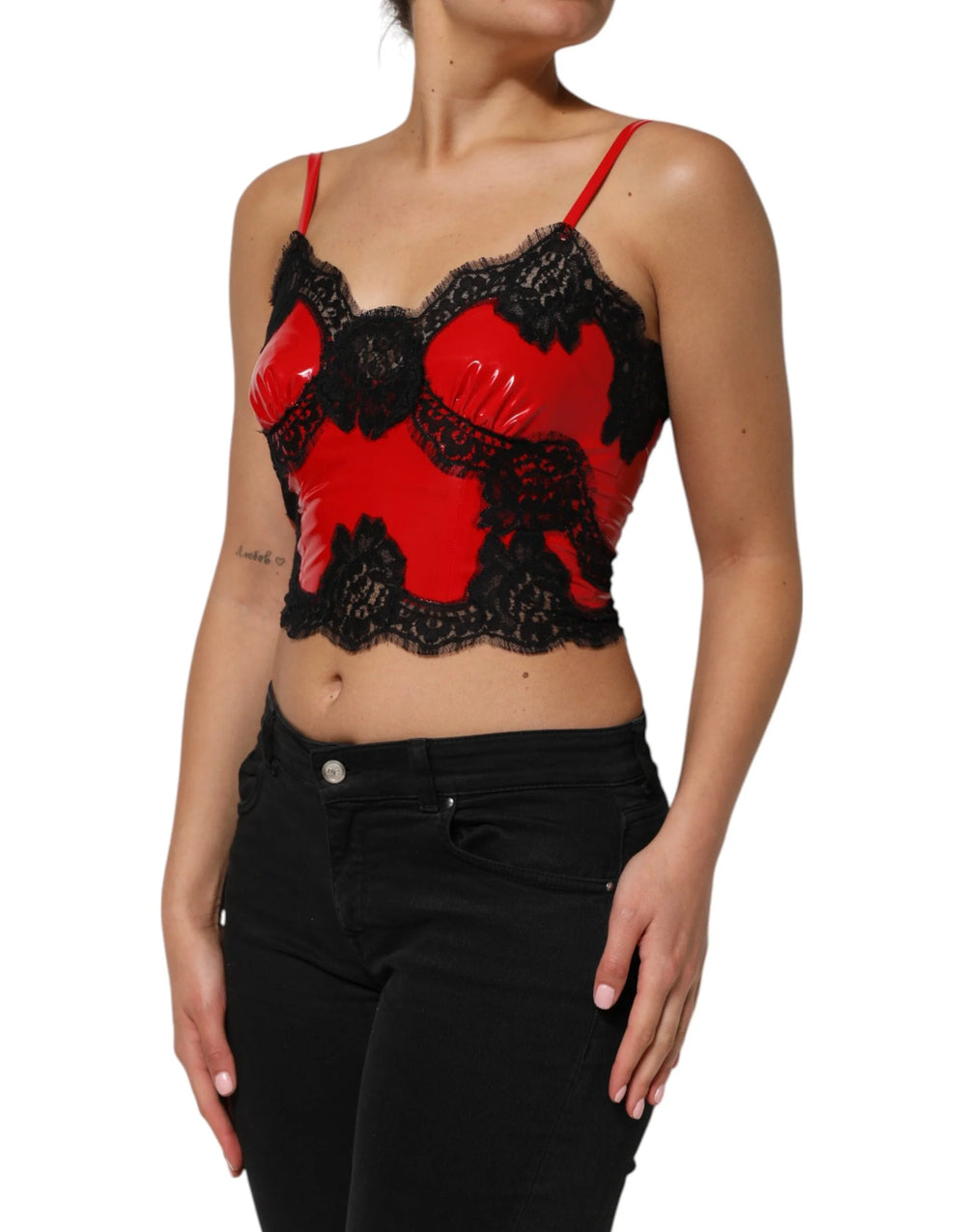 Dolce & Gabbana Red Black Lace Trim Polyester Sleeveless Tank Top - IT2 | S - Tank Tops