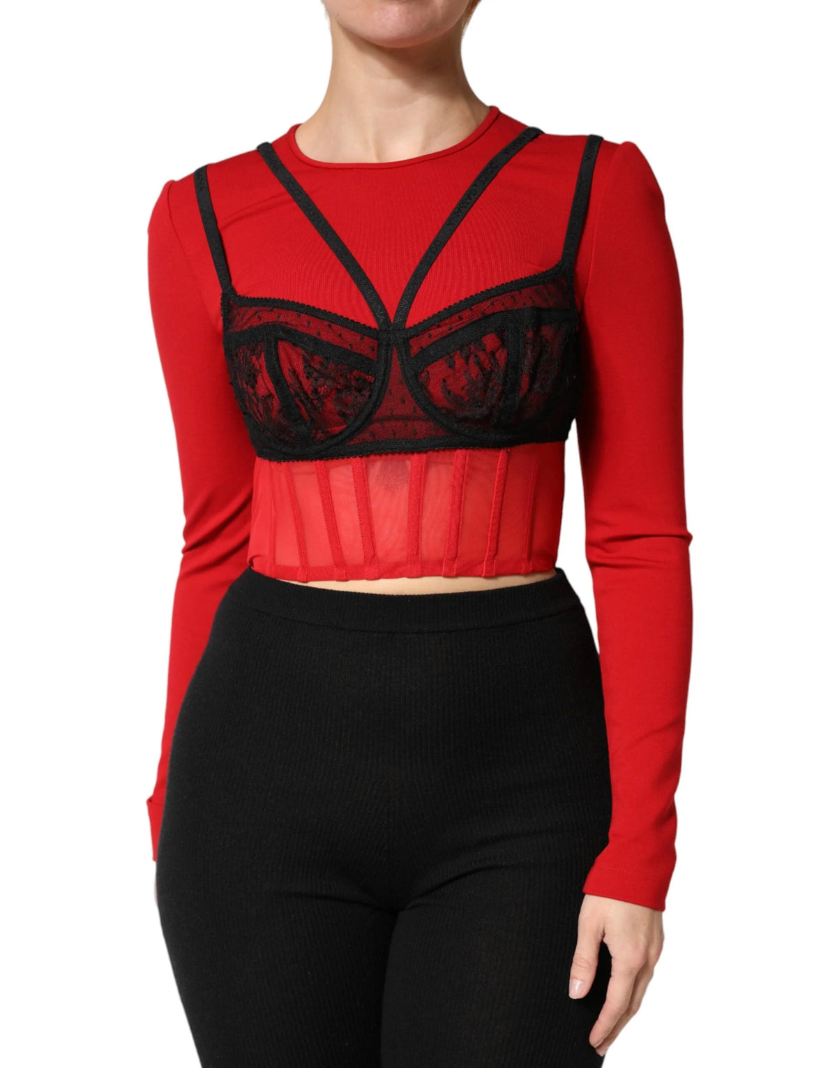 Dolce & Gabbana Red Black Nylon Bralette-Style Cropped Top - IT40|S
