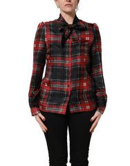 Dolce & Gabbana Red Black Plaid Silk Tie-Neck Blouse Top - IT42|M