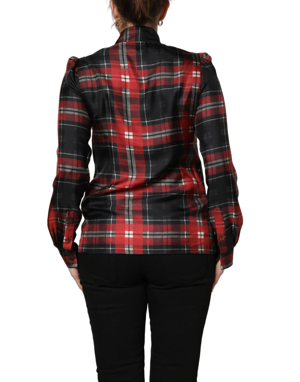 Dolce & Gabbana Red Black Plaid Silk Tie-Neck Blouse Top - IT42|M
