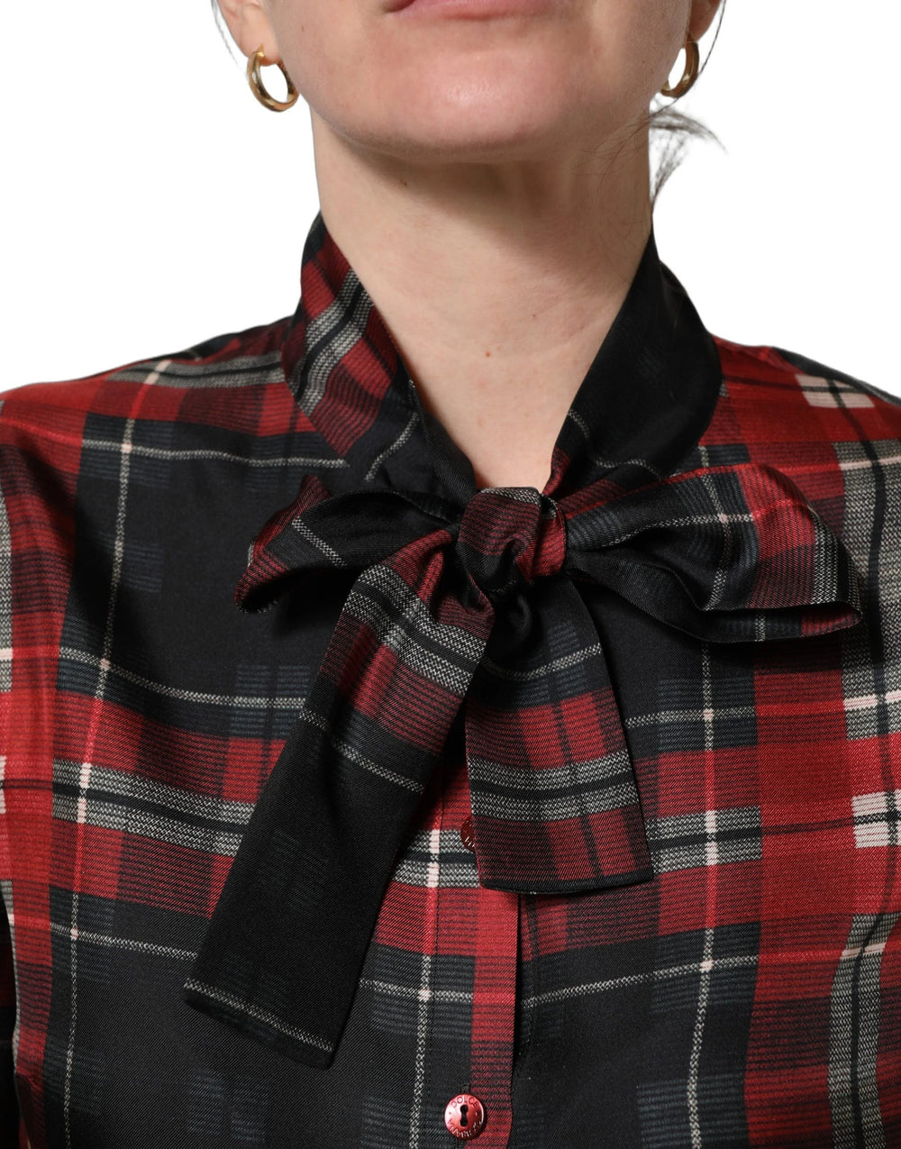 Dolce & Gabbana Red Black Plaid Silk Tie-Neck Blouse Top - IT42|M