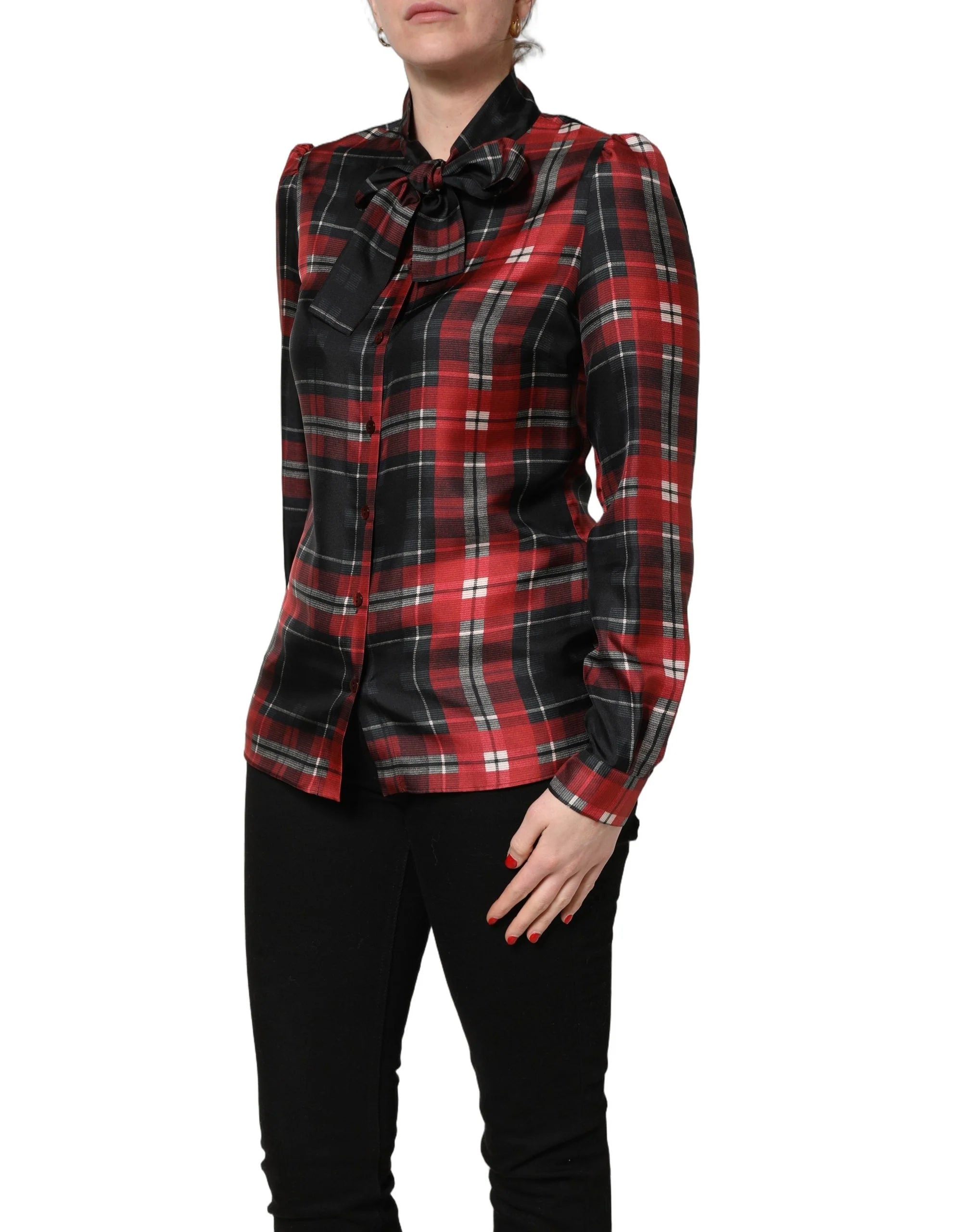 Dolce & Gabbana Red Black Plaid Silk Tie-Neck Blouse Top - IT42|M