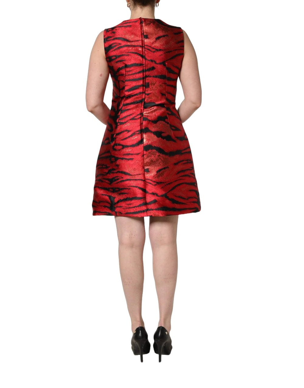 Dolce & Gabbana Red Black Tiger Print Jacquard Flared Dress - IT44 | L