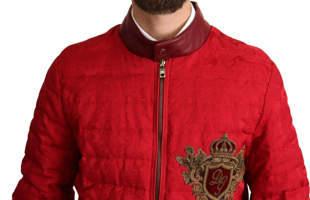 Dolce & Gabbana Red Brocade Bomber Gold Crown Logo Coat Jacket - IT48 | M - Bomber Jackets