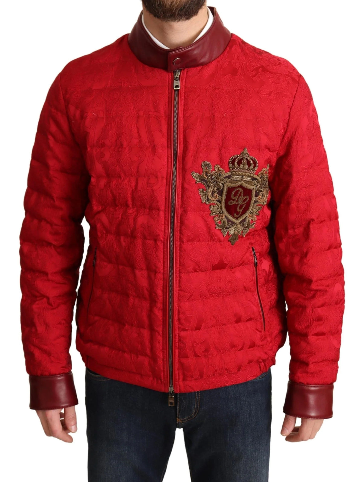 Dolce & Gabbana Red Brocade Bomber Gold Crown Logo Coat Jacket - IT48 | M - Bomber Jackets