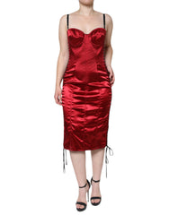 Dolce & Gabbana Red Bustier Corset Lace Bodycon Midi Dress - IT44 | L - Dresses
