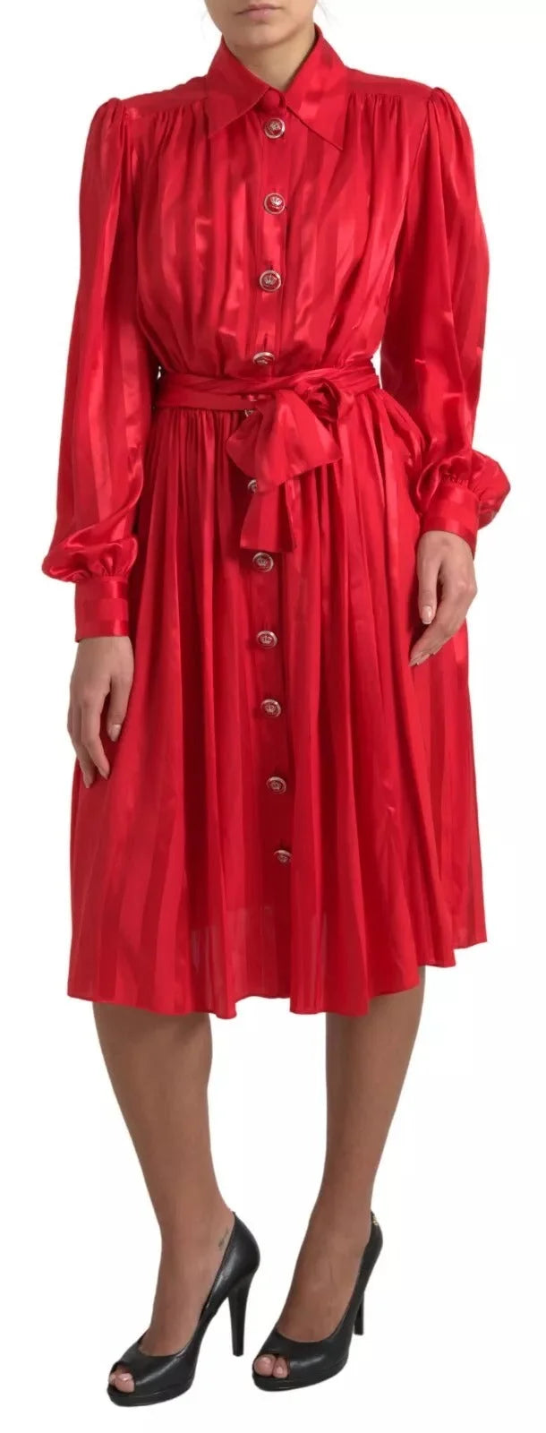 Dolce & Gabbana Red Button Down Belted Midi Satin Silk Dress - Dresses